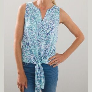 Chicos Coastal Animal Print Satin Top Blouse Plus Size 3 Skylight Blue Front Tie
